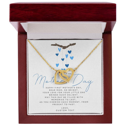 Happy First Mother's Day Interlocking Hearts Necklace with Blue Heart Box Card - Personalize It Toledo