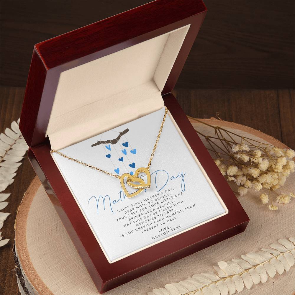 Happy First Mother's Day Interlocking Hearts Necklace with Blue Heart Box Card - Personalize It Toledo