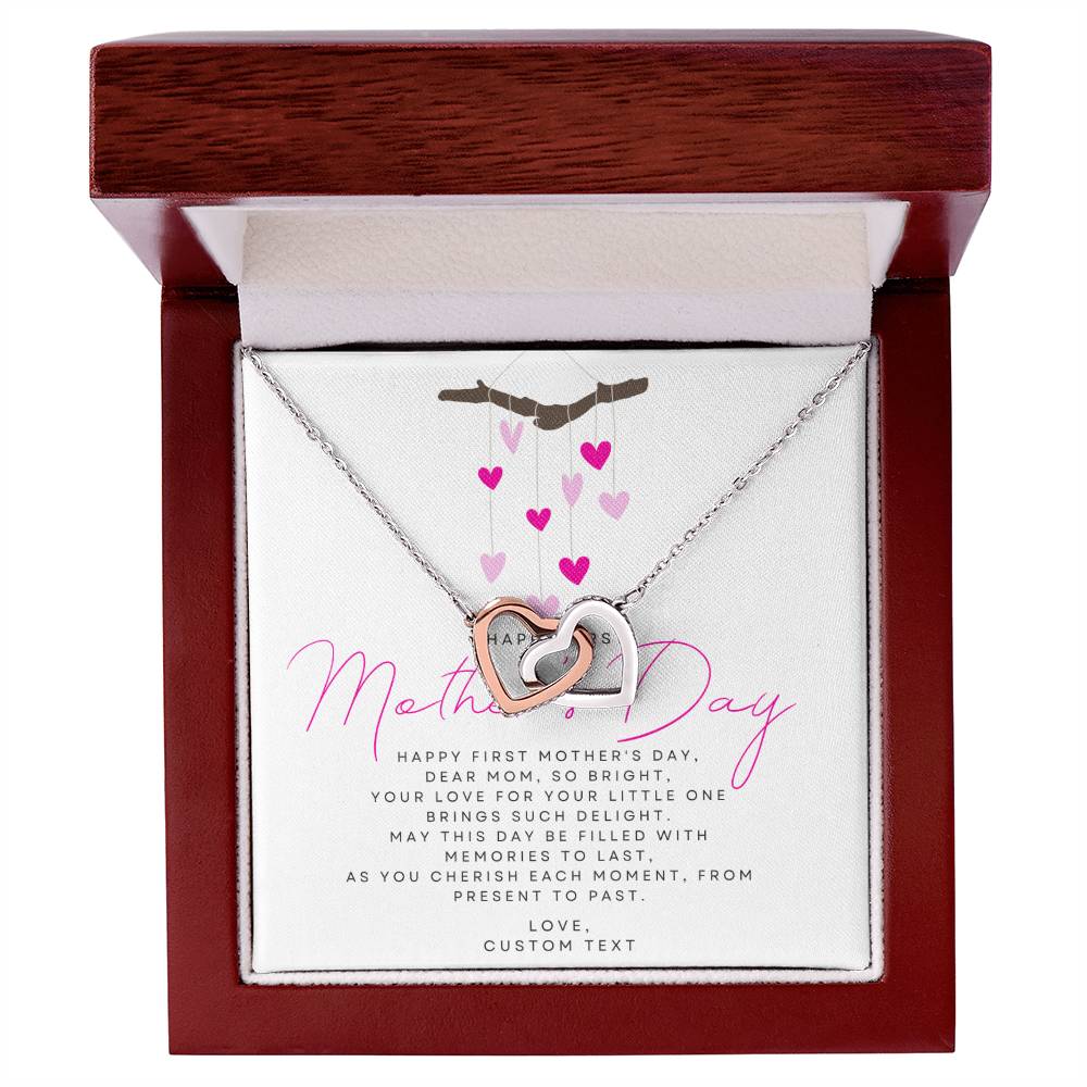 Happy First Mother's Day Interlocking Hearts Necklace with Pink Heart Box Card - Personalize It Toledo