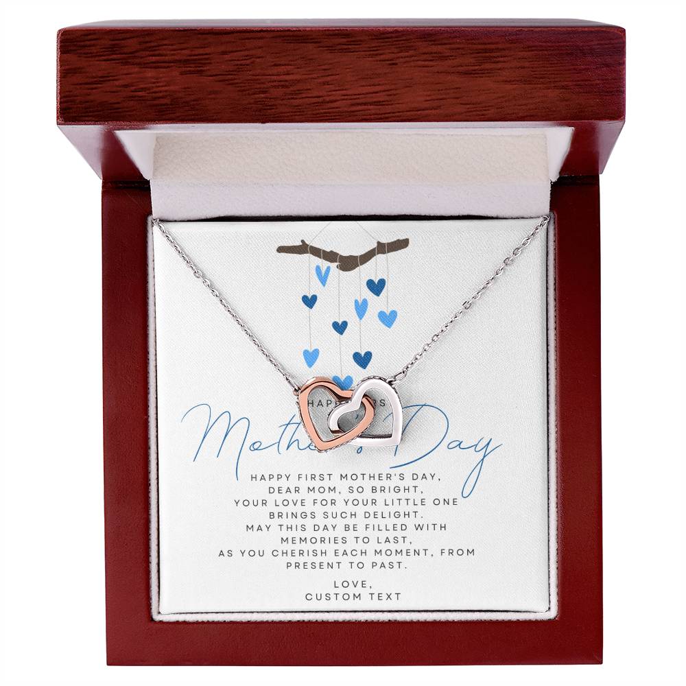 Happy First Mother's Day Interlocking Hearts Necklace with Blue Heart Box Card - Personalize It Toledo