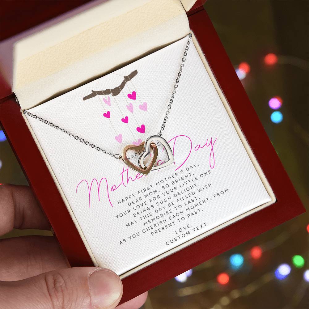 Happy First Mother's Day Interlocking Hearts Necklace with Pink Heart Box Card - Personalize It Toledo