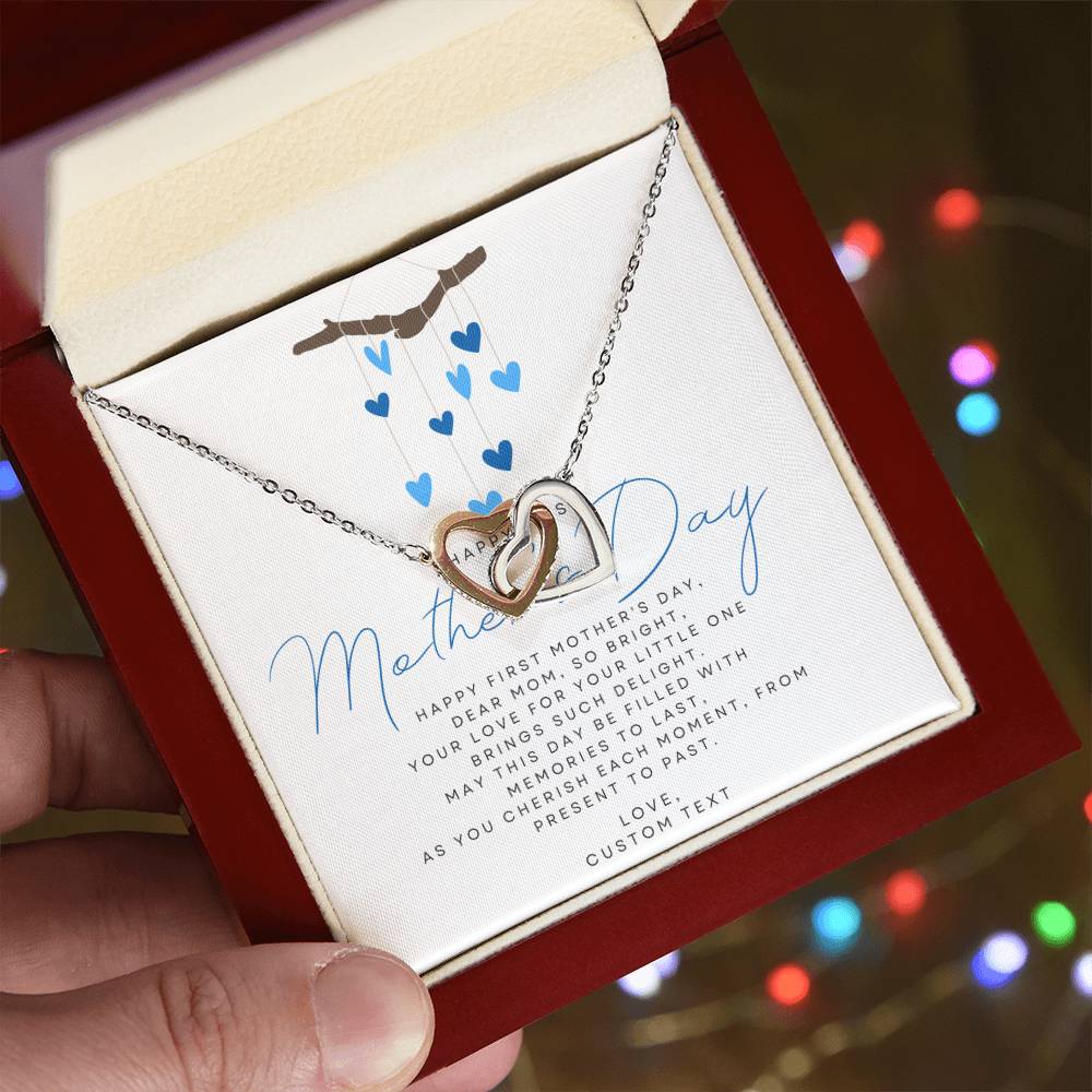 Happy First Mother's Day Interlocking Hearts Necklace with Blue Heart Box Card - Personalize It Toledo