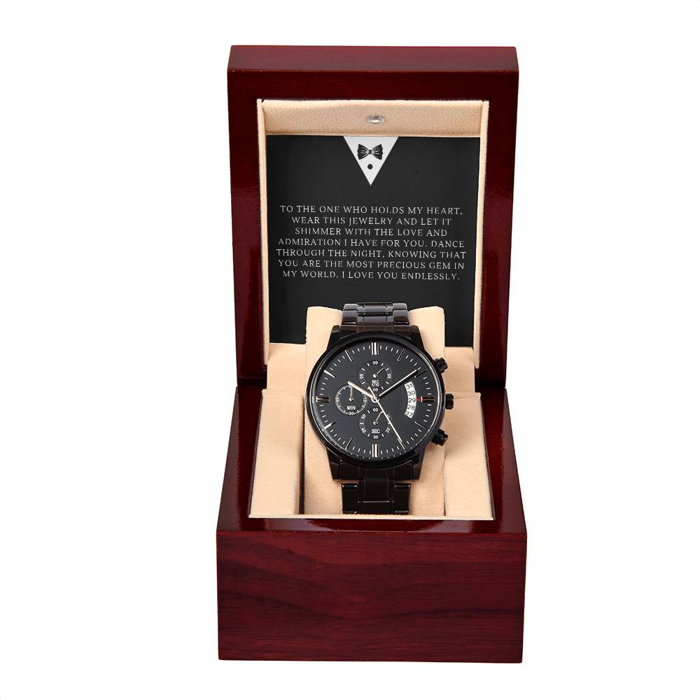 Engraved To The One Who Holds My Heart Tuxedo Prom Night Black Chronograph Watch for Prom - Prom Gift For Boyfriend - Engraved Prom Watch - Engraved Watch For Boyfriend - Personalize It Toledo