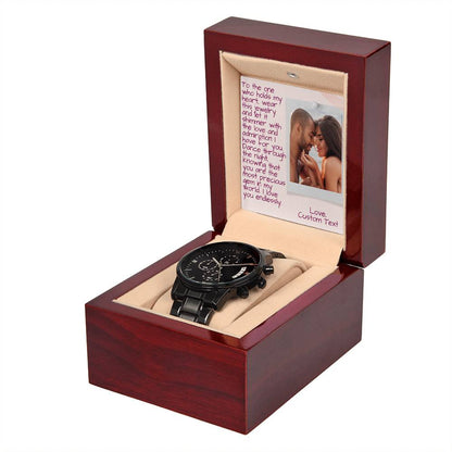 Engraved To The One Who Holds My Heart Prom Night Black Chronograph Watch for Prom - Prom Gift For Boyfriend - Engraved Prom Watch - Engraved Watch For Boyfriend - Personalize It Toledo