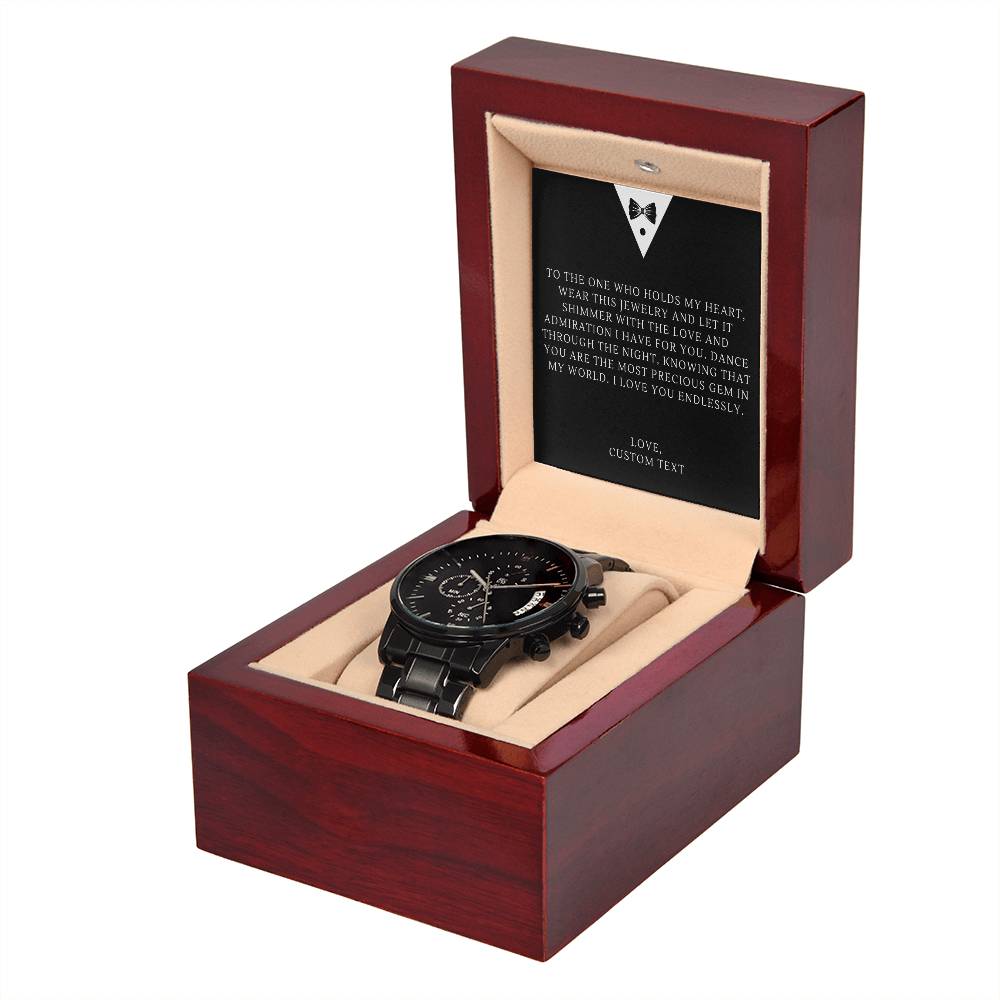 Engraved To The One Who Holds My Heart Tuxedo Prom Night Black Chronograph Watch for Prom - Prom Gift For Boyfriend - Engraved Prom Watch - Engraved Watch For Boyfriend - Personalize It Toledo