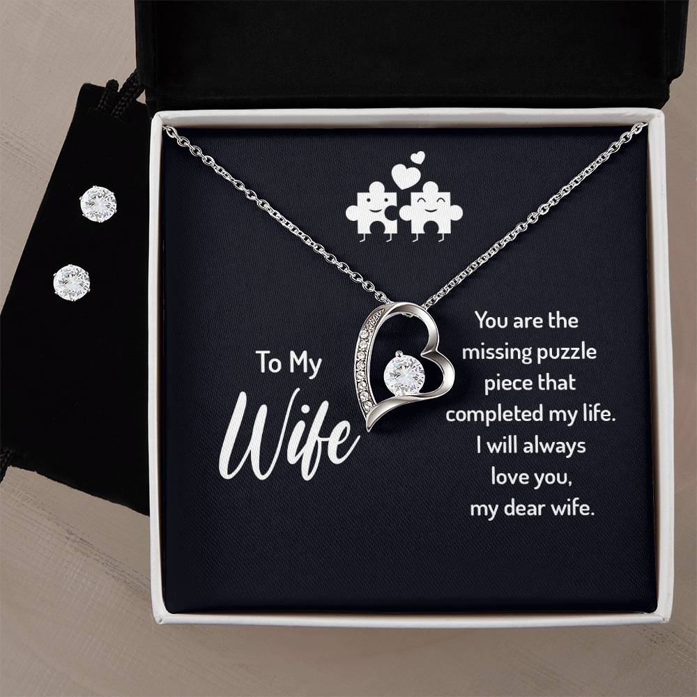 To My Wife Missing Puzzle Piece Forever Love Earring & Necklace Set