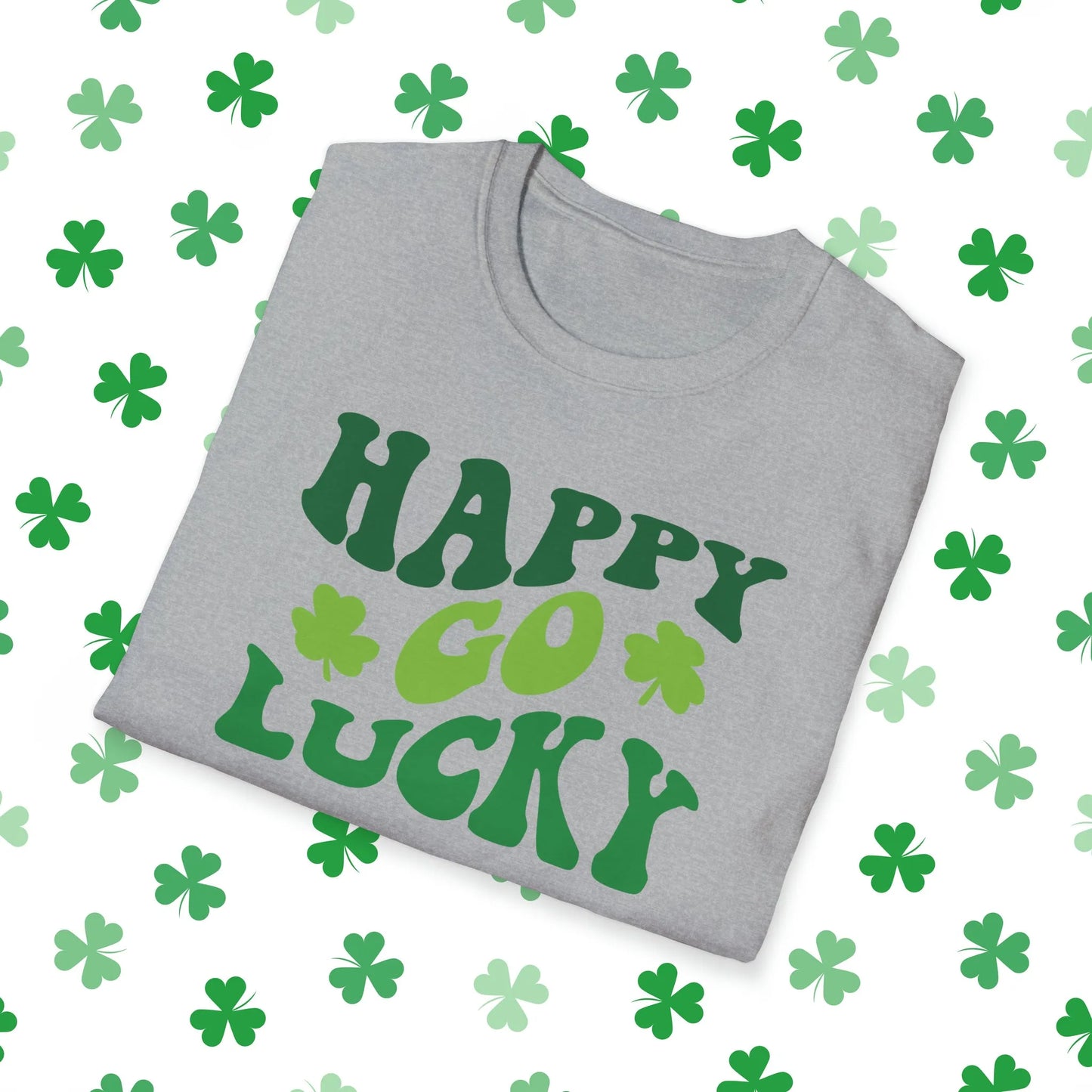 Happy Go Lucky Retro-Style St. Patrick's Day T-Shirt - Comfort & Charm - Happy Go Lucky St. Patrick's Day Shirt Grey Folded