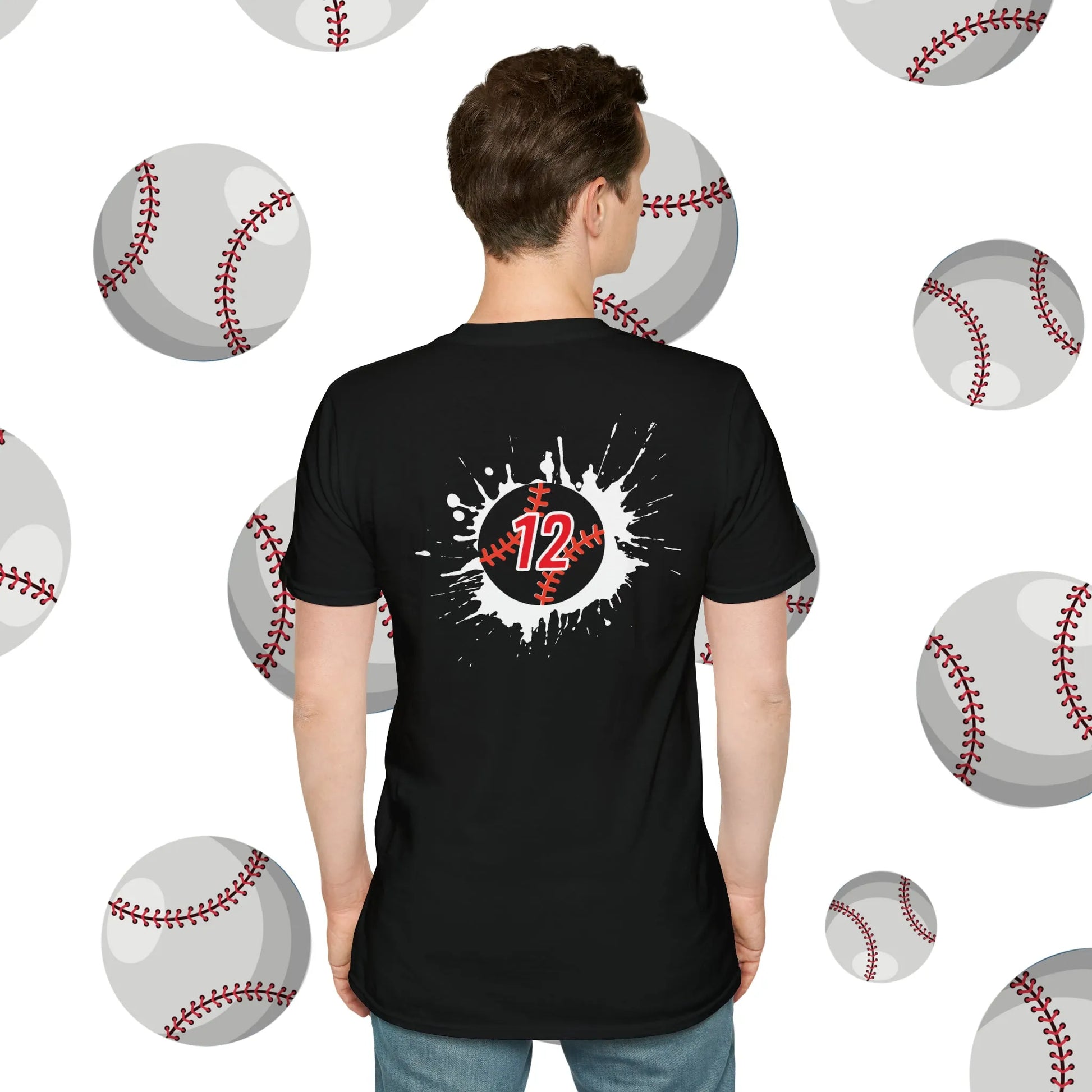 Custom Baseball Dad Shirt - Baseball Dad Player Number Soft-Style T-Shirt Black Shirt Back Model
