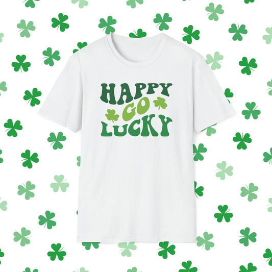 Happy Go Lucky Retro-Style St. Patrick's Day T-Shirt - Comfort & Charm - Happy Go Lucky St. Patrick's Day Shirt White