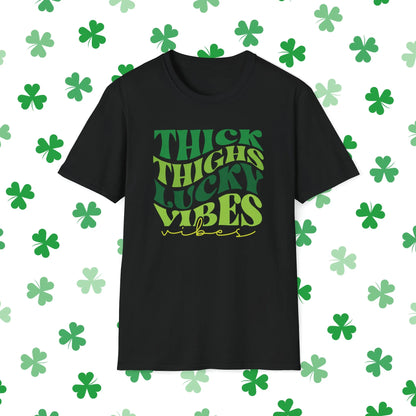 Thick Thighs Lucky Vibes Retro-Style St. Patrick's Day T-Shirt - Comfort & Charm - Thick Thighs Lucky Vibes St. Patrick's Day Shirt Black