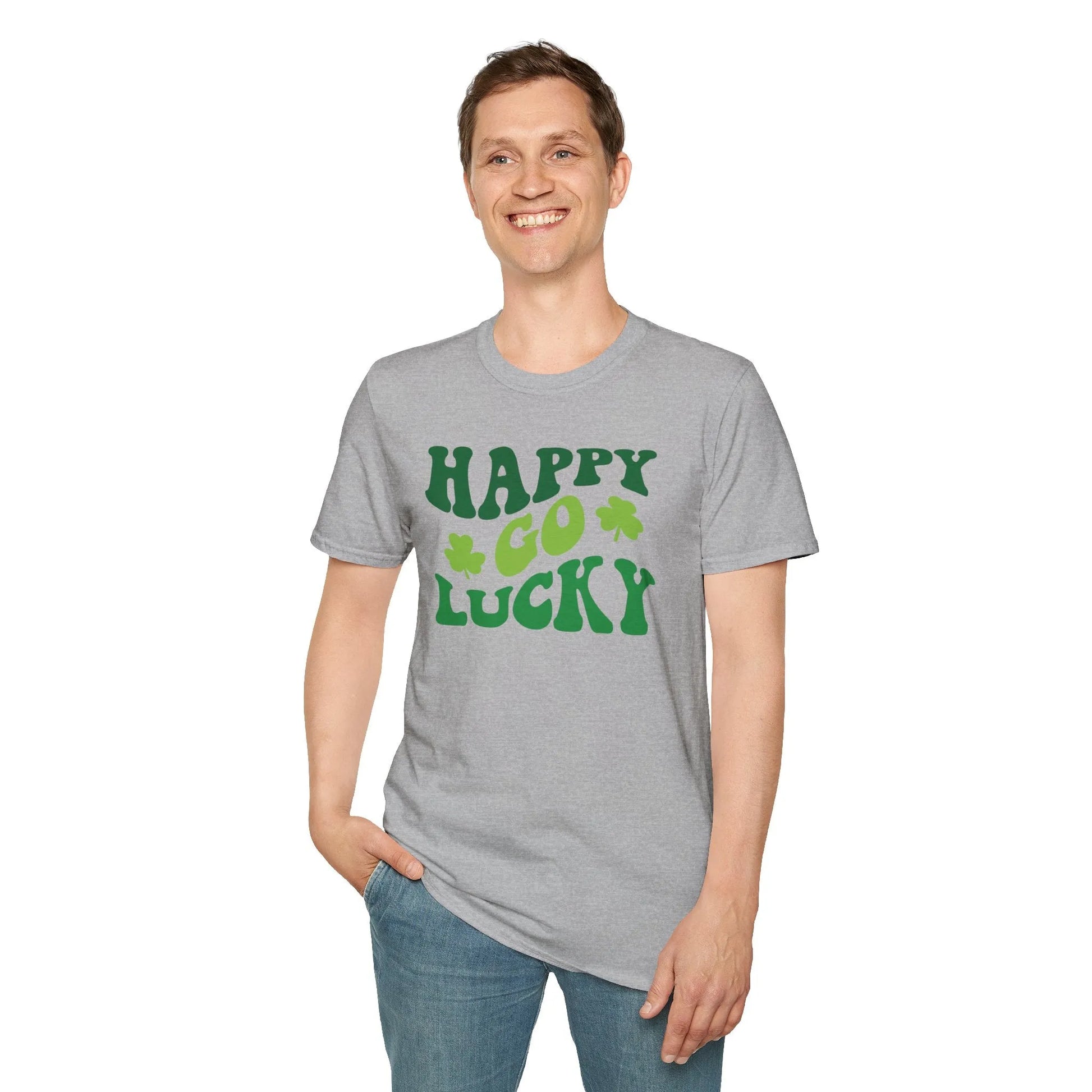 Happy Go Lucky Retro-Style St. Patrick's Day T-Shirt - Comfort & Charm - Happy Go Lucky St. Patrick's Day Shirt Grey Male Model