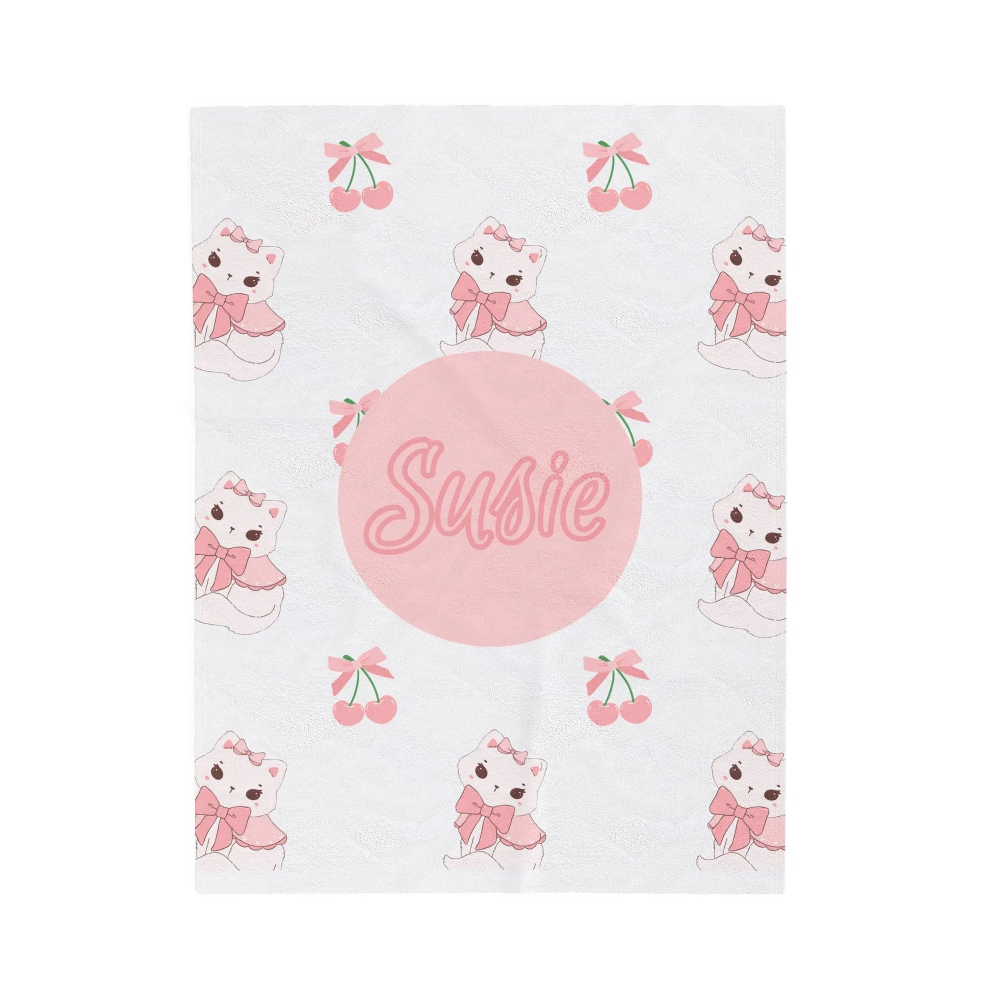 Coquette Kittens & Cherries Custom Name Velveteen Plush Blanket - Pink Coquette Throw Blanket - Coquette Kitten & Cherries Throw Blanket