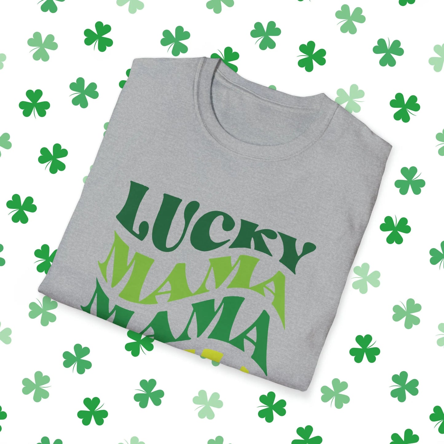 Lucky Mama Mama Mama Retro-Style St. Patrick's Day T-Shirt - Comfort & Charm - St. Patrick's Day Mom Shirt Grey Folded