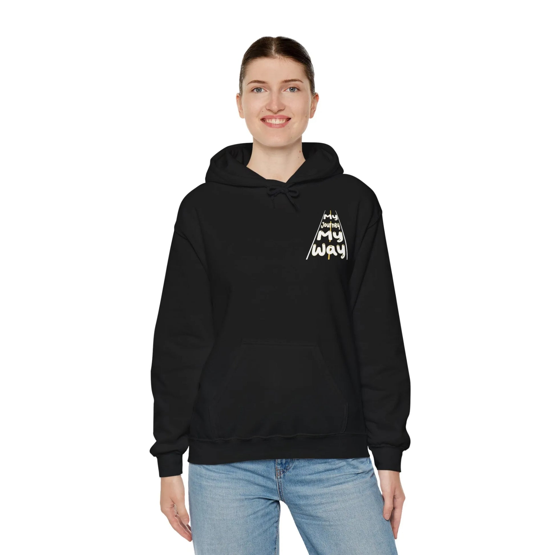 My Journey My Way: Stay In Your Lane Hooded Sweatshirt - Stay In Your Lane Sweatshirt - Trendy Graphic  Hoodie Front View Female Model 2