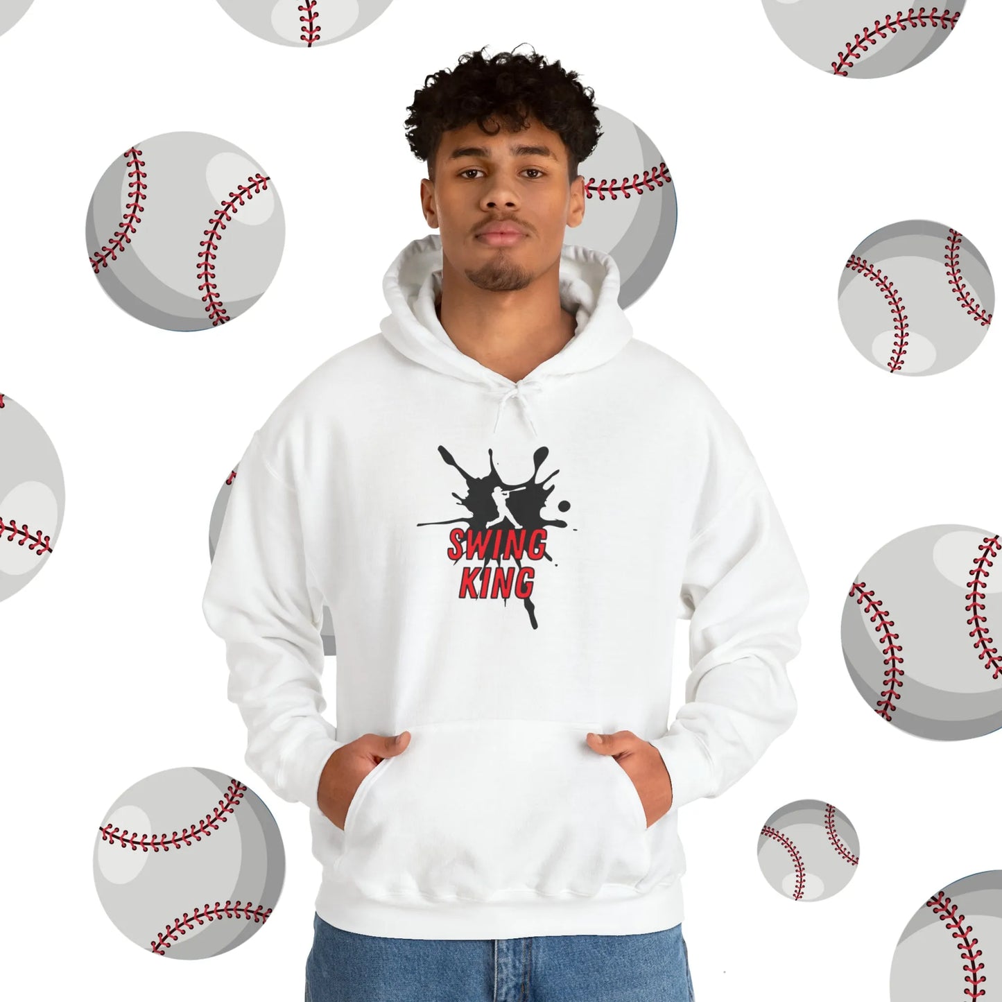 Custom Swing King Baseball Hooded Sweatshirt White Hoodie Model