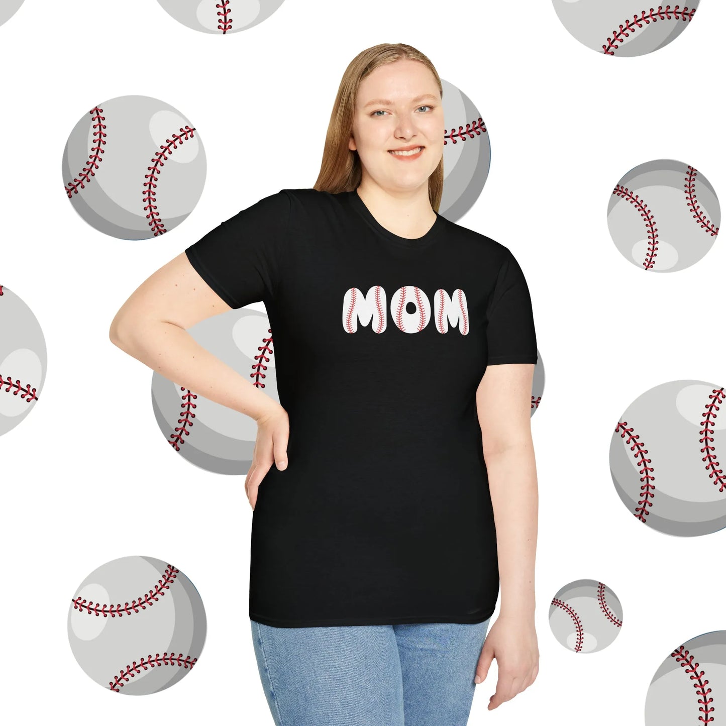 Custom Baseball Mom Shirt - Baseball Mom Softstyle T-Shirt - Baseball Mom Shirt Black Front Model
