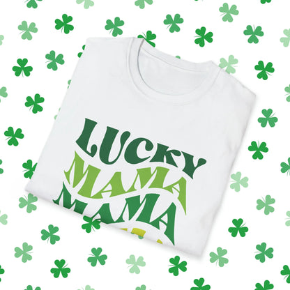 Lucky Mama Mama Mama Retro-Style St. Patrick's Day T-Shirt - Comfort & Charm - St. Patrick's Day Mom Shirt White Folded