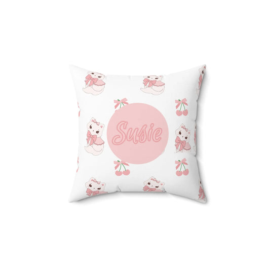 Coquette Kittens & Cherries Custom Name Spun Polyester Square Pillow - Pink Coquette Home Decor - Coquette Aesthetic Throw Pillow