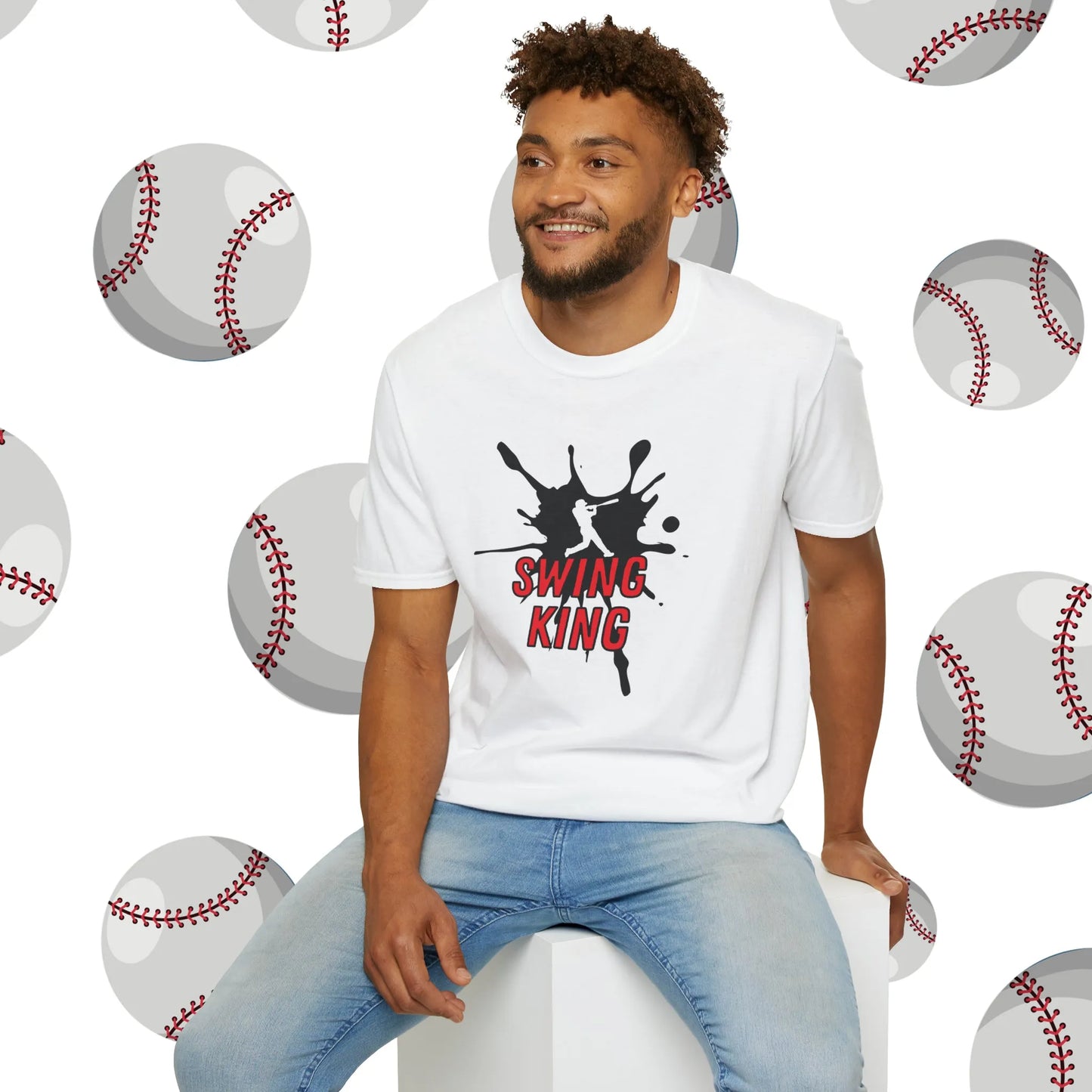 Custom Baseball Shirt - Swing King Baseball Player Soft-Style T-Shirt White Shirt Model