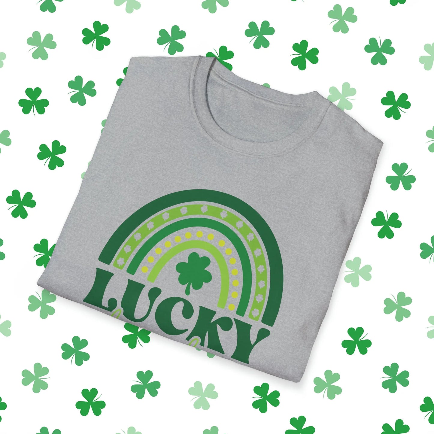Lucky Rainbow Retro-Style St. Patrick's Day T-Shirt - Comfort & Charm - Lucky Rainbow St. Patrick's Day Shirt Grey Folded