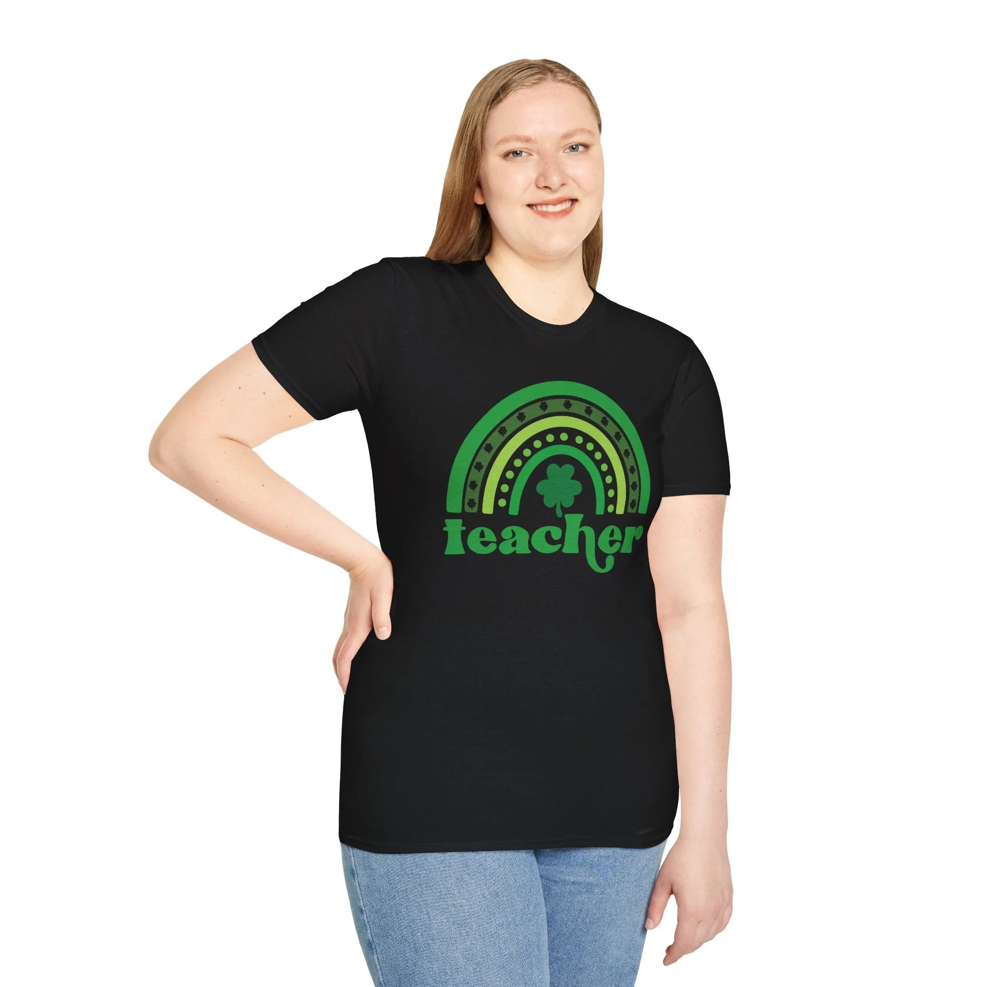 Teacher St. Patrick's Day Rainbow T-Shirt - Teacher St. Patrick's Day Shirt Front Black Model