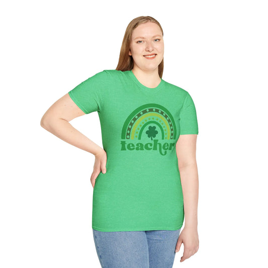 Teacher St. Patrick's Day Rainbow T-Shirt - Teacher St. Patrick's Day Shirt Front Green Model