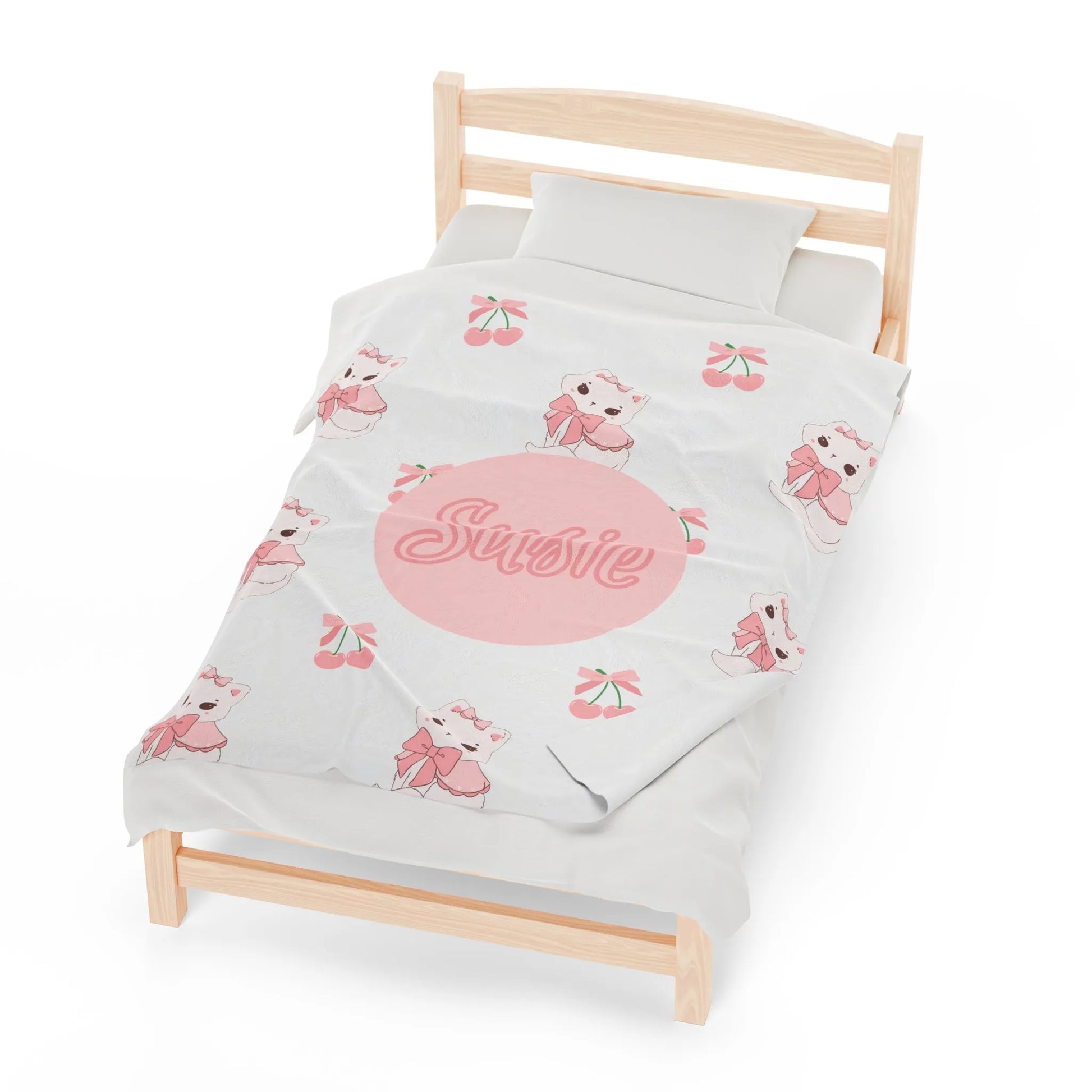 Coquette Kittens & Cherries Custom Name Velveteen Plush Blanket - Pink Coquette Throw Blanket - Coquette Kitten & Cherries Throw Blanket