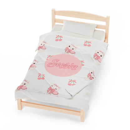 Coquette Kittens & Cherries Custom Name Velveteen Plush Blanket - Pink Coquette Throw Blanket - Coquette Kitten & Cherries Throw Blanket