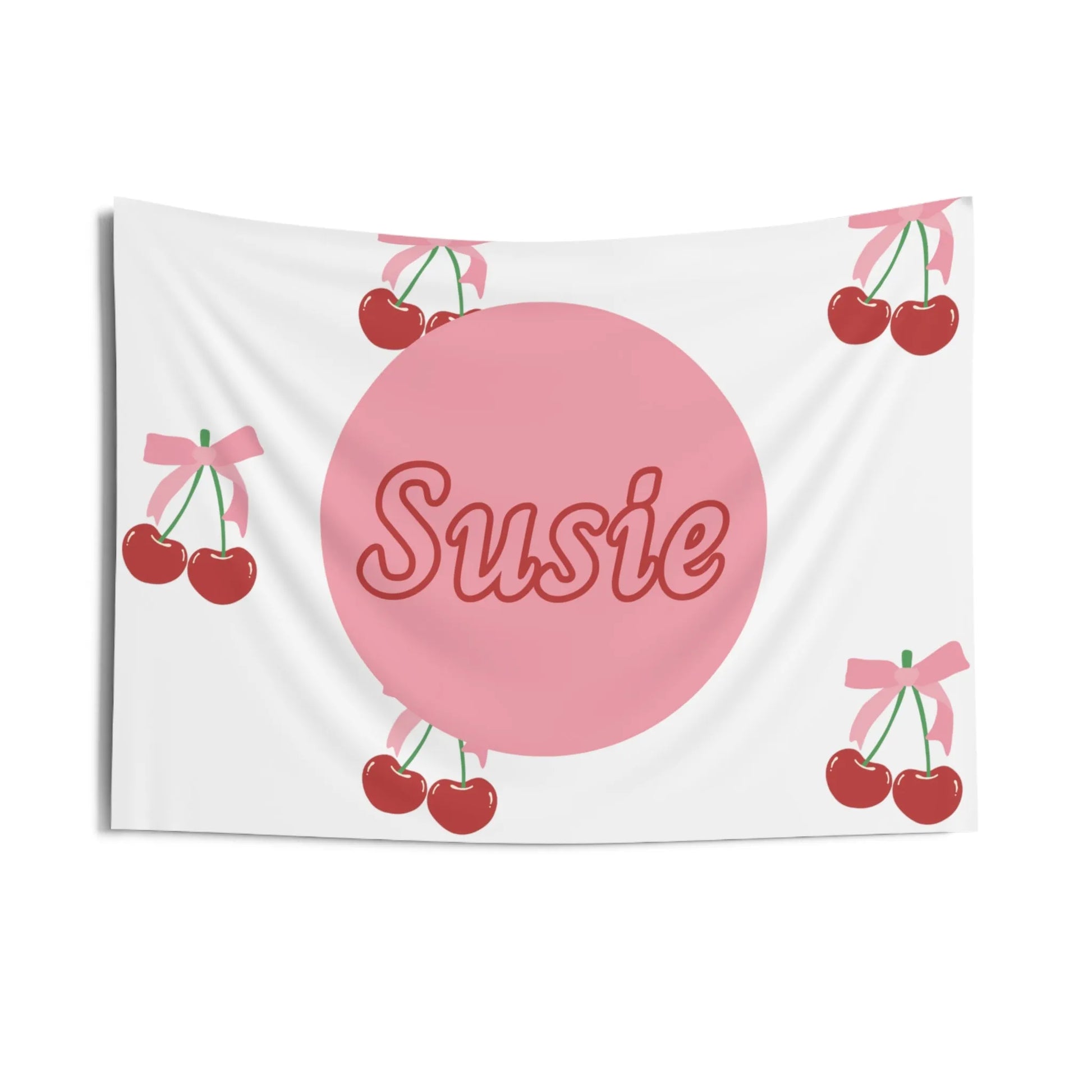 Coquette Cherries Custom Name Wall Tapestry - Coquette Aesthetic Wall Banner - Custom Coquette Tapestry - Pink Coquette Home Decor