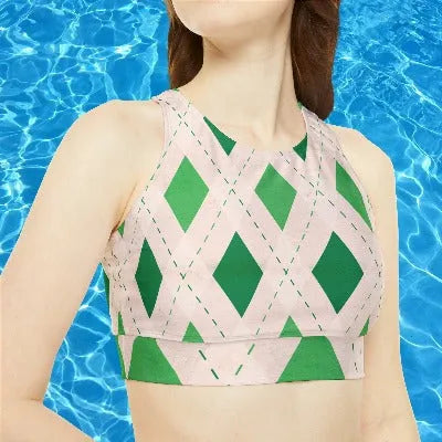 Green Argyle Sporty Bikini Set Front Close Up
