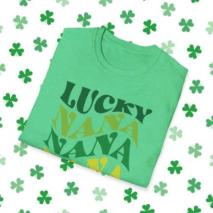 Lucky Nana Nana Nana Retro-Style St. Patrick's Day T-Shirt - Comfort & Charm - St. Patrick's Day Nana Shirt Green Folded