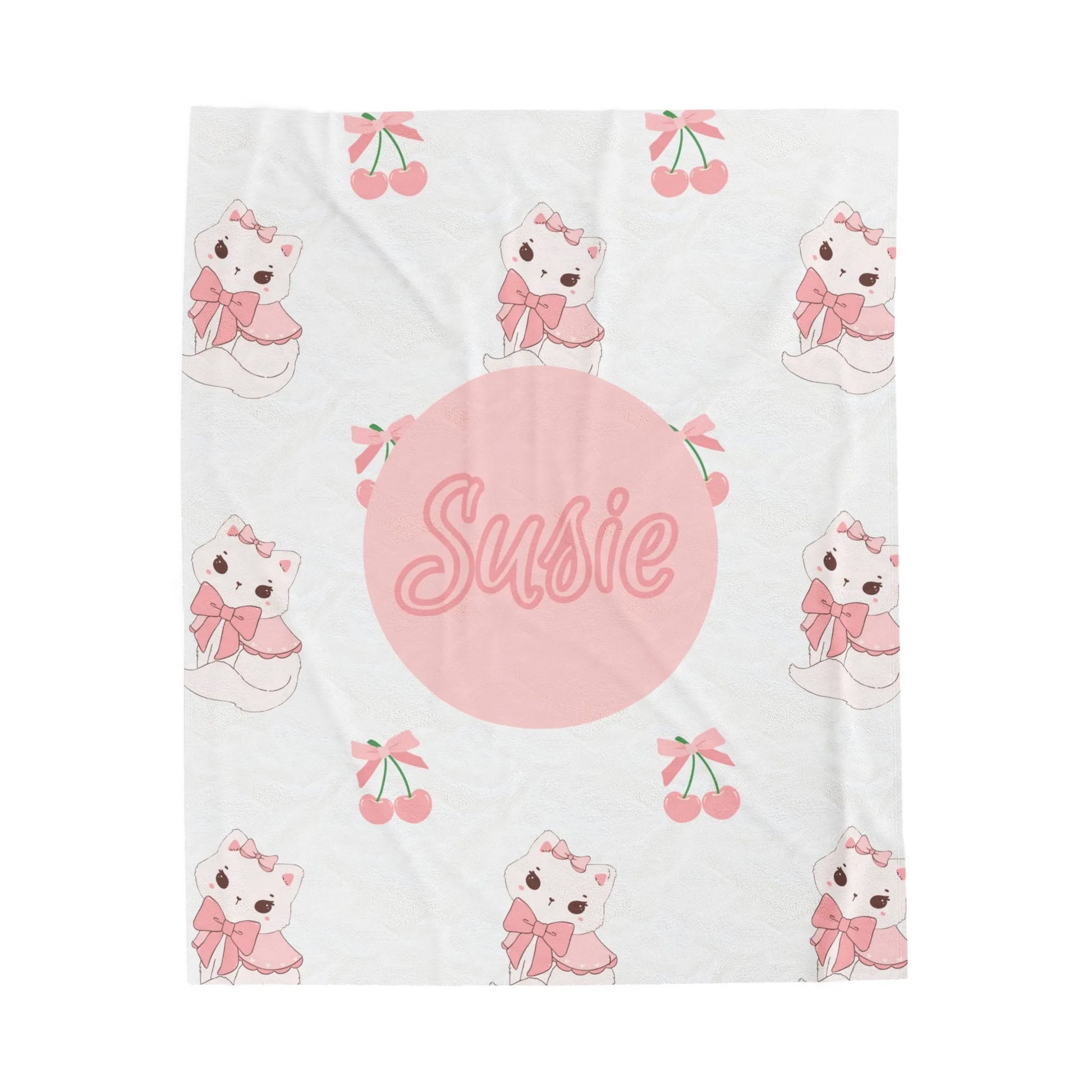 Coquette Kittens & Cherries Custom Name Velveteen Plush Blanket - Pink Coquette Throw Blanket - Coquette Kitten & Cherries Throw Blanket