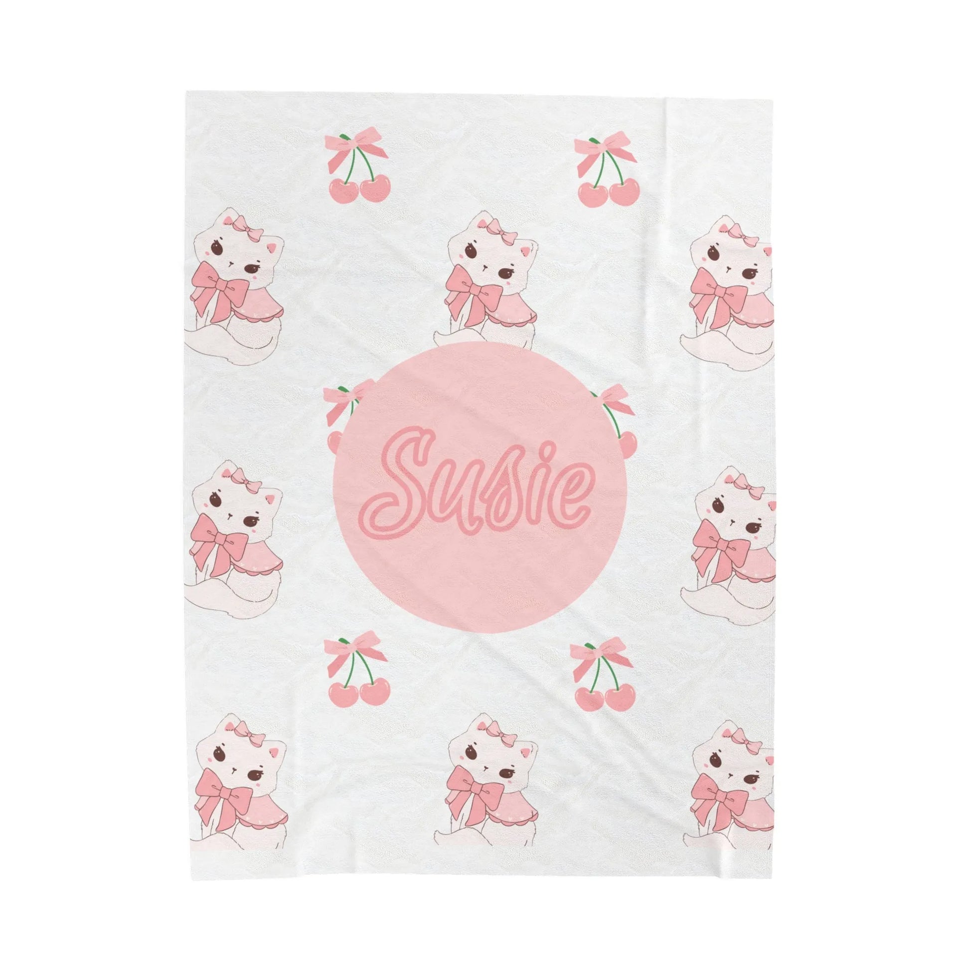 Coquette Kittens & Cherries Custom Name Velveteen Plush Blanket - Pink Coquette Throw Blanket - Coquette Kitten & Cherries Throw Blanket