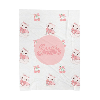 Coquette Kittens & Cherries Custom Name Velveteen Plush Blanket - Pink Coquette Throw Blanket - Coquette Kitten & Cherries Throw Blanket