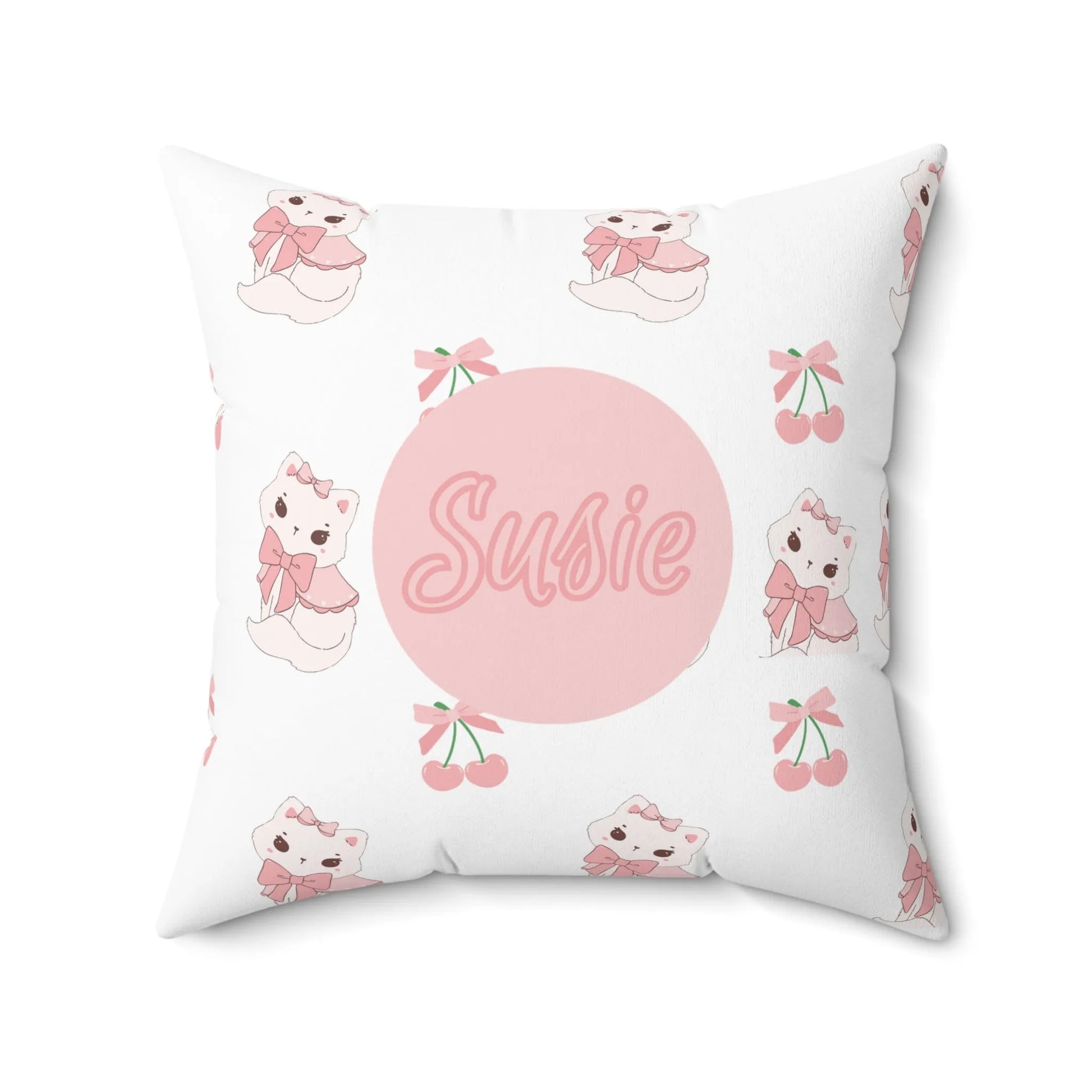 Coquette Kittens & Cherries Custom Name Spun Polyester Square Pillow - Pink Coquette Home Decor - Coquette Aesthetic Throw Pillow