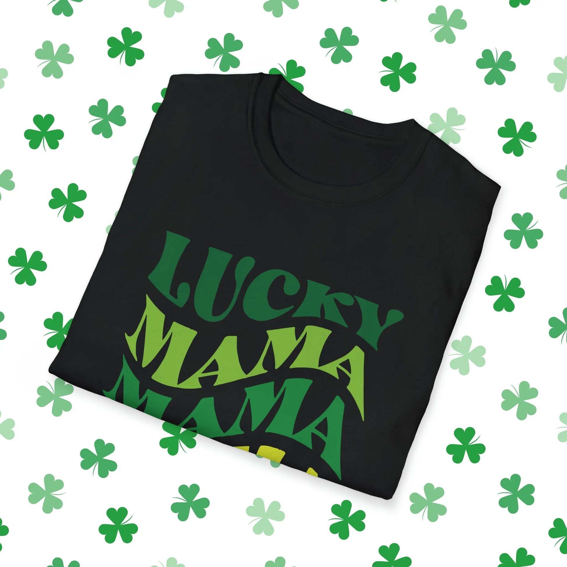 Lucky Mama Mama Mama Retro-Style St. Patrick's Day T-Shirt - Comfort & Charm - St. Patrick's Day Mom Shirt Black Folded
