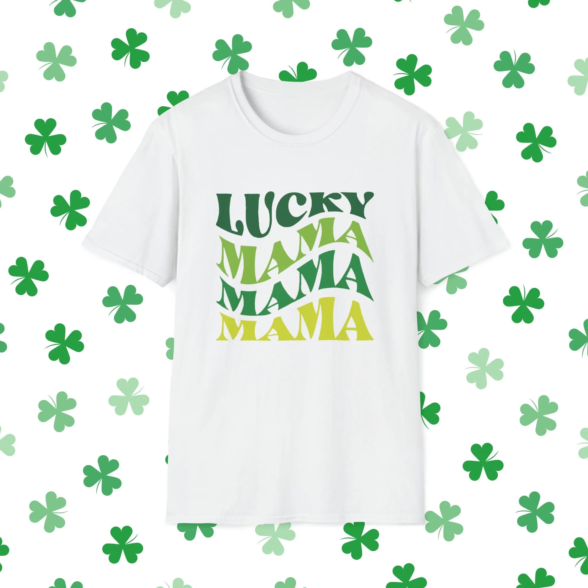 Lucky Mama Mama Mama Retro-Style St. Patrick's Day T-Shirt - Comfort & Charm - St. Patrick's Day Mom Shirt White