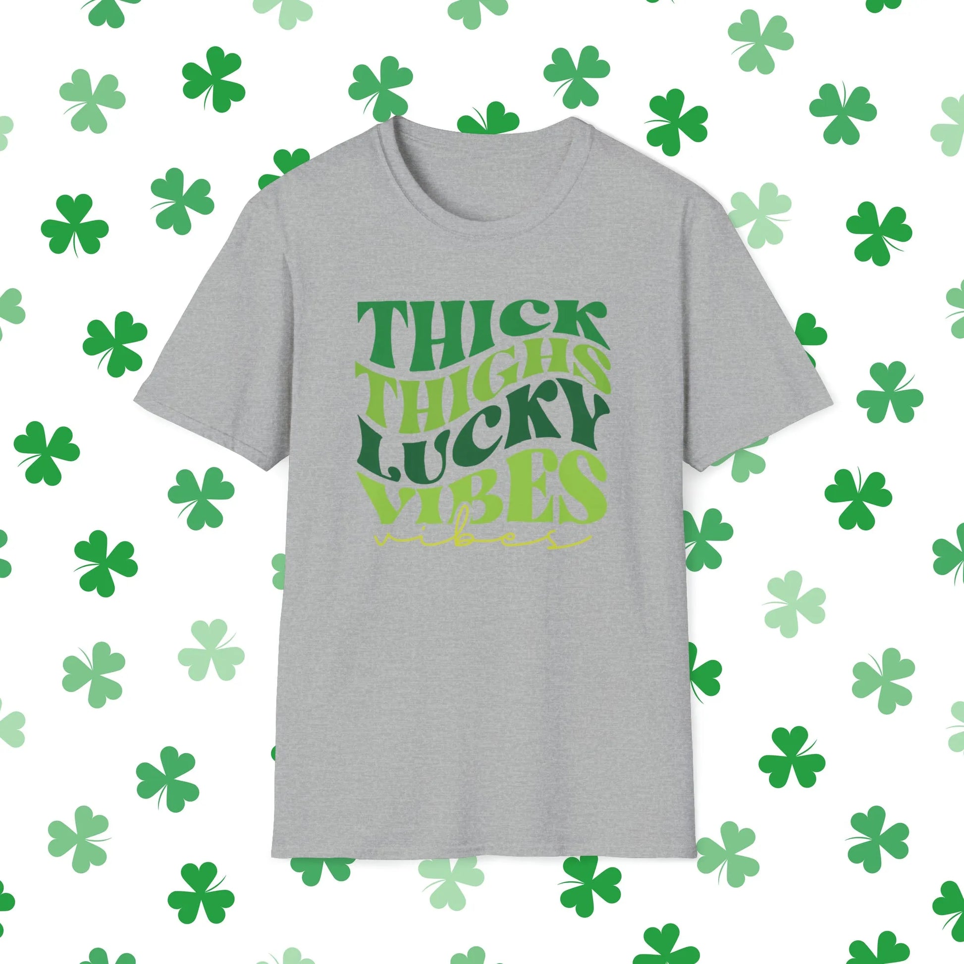 Thick Thighs Lucky Vibes Retro-Style St. Patrick's Day T-Shirt - Comfort & Charm - Thick Thighs Lucky Vibes St. Patrick's Day Shirt Grey