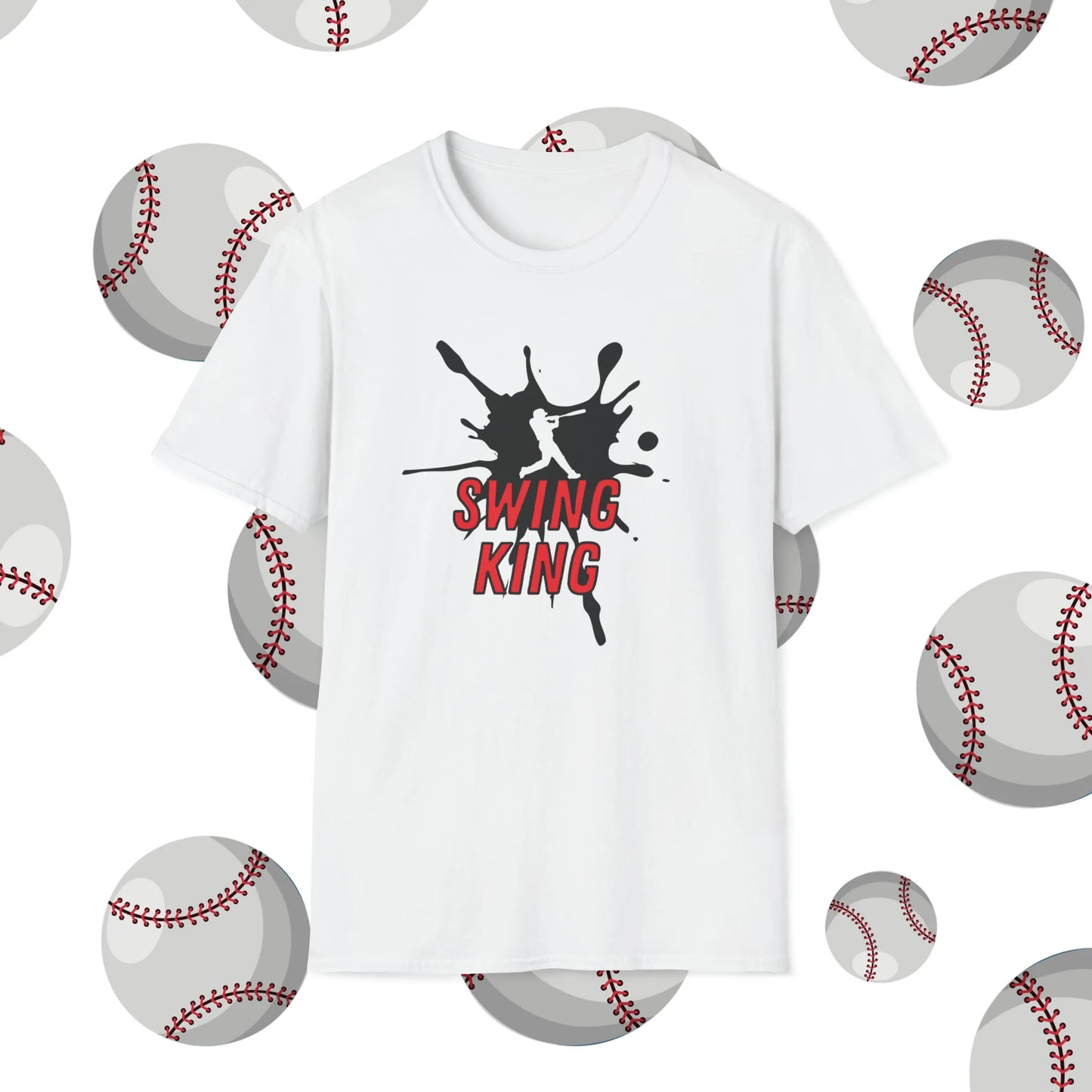 Custom Baseball Shirt - Swing King Baseball Player Soft-Style T-Shirt White Shirt Front