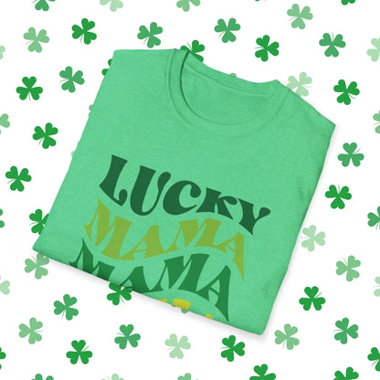 Lucky Mama Mama Mama Retro-Style St. Patrick's Day T-Shirt - Comfort & Charm - St. Patrick's Day Mom Shirt Green Folded