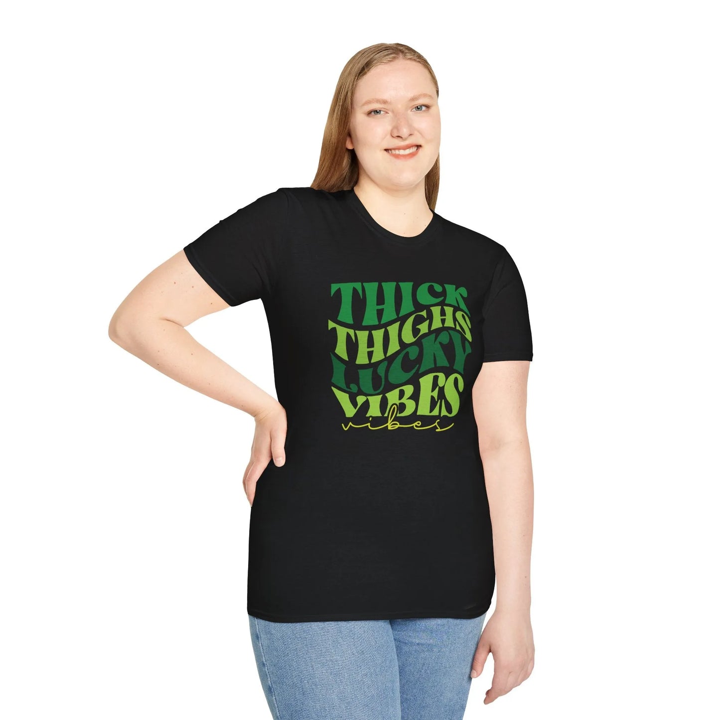 Thick Thighs Lucky Vibes Retro-Style St. Patrick's Day T-Shirt - Comfort & Charm - Thick Thighs Lucky Vibes St. Patrick's Day Shirt Black Model