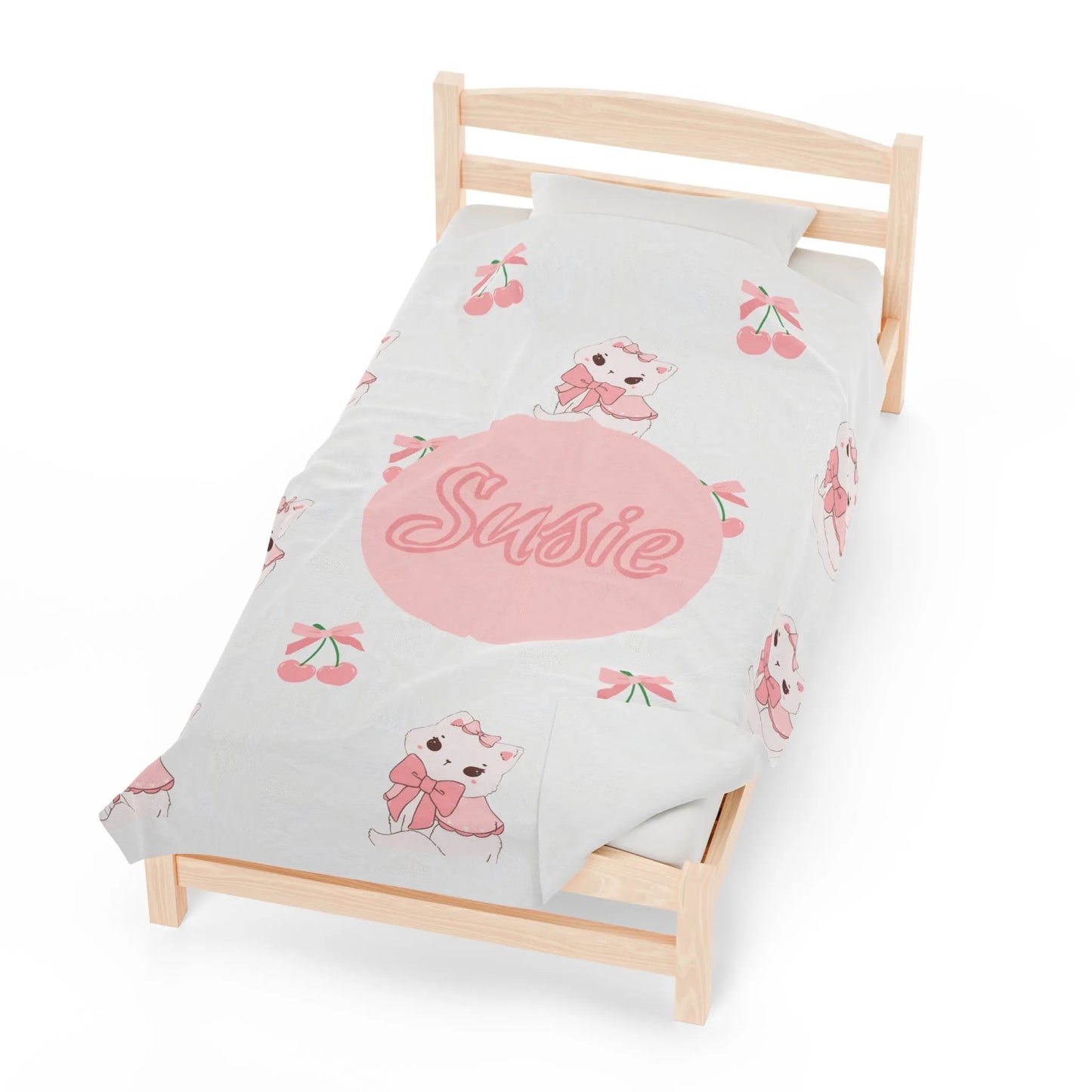 Coquette Kittens & Cherries Custom Name Velveteen Plush Blanket - Pink Coquette Throw Blanket - Coquette Kitten & Cherries Throw Blanket