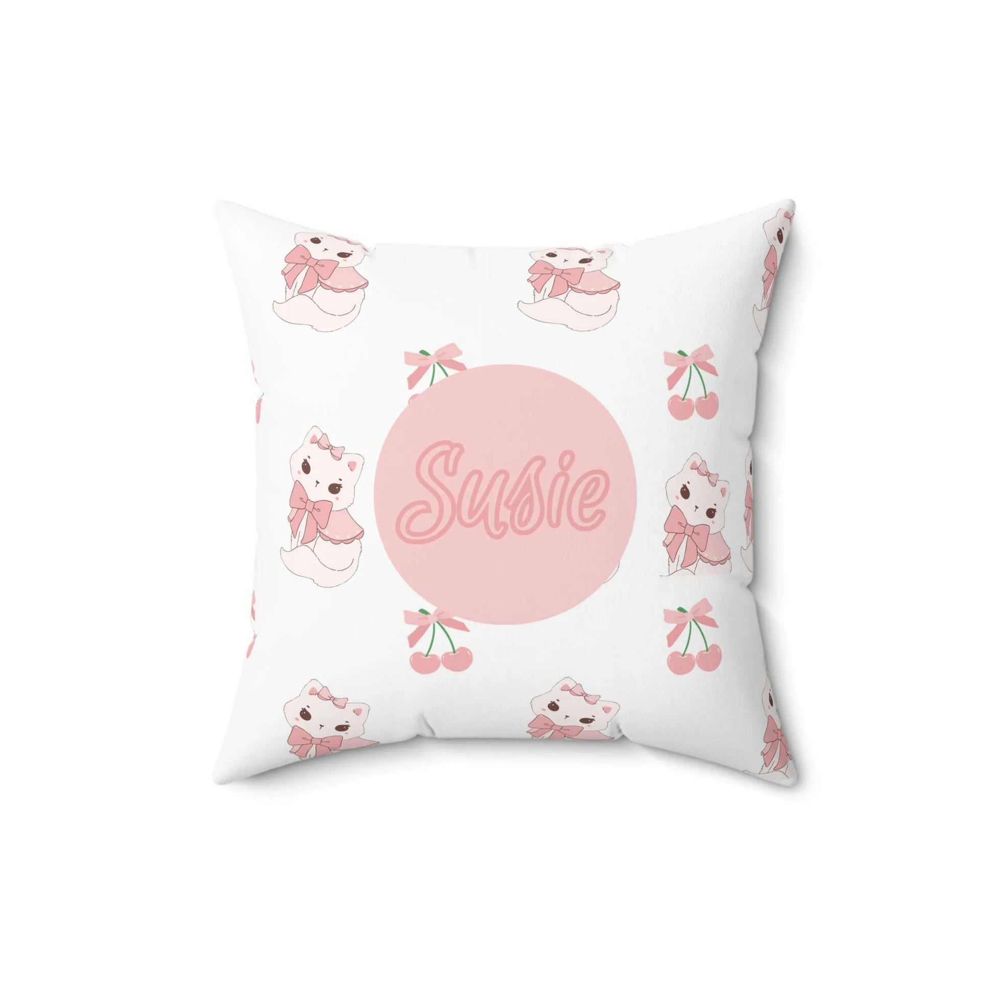 Coquette Kittens & Cherries Custom Name Spun Polyester Square Pillow - Pink Coquette Home Decor - Coquette Aesthetic Throw Pillow