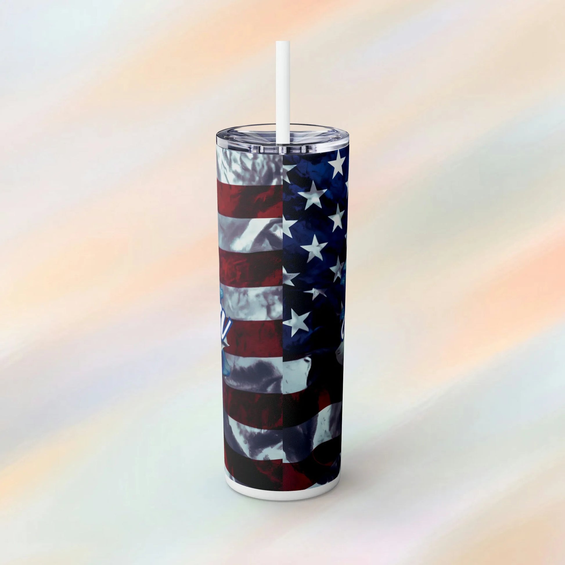 Patriotic Flower American Flag Custom Name Skinny Tumbler with Straw, 20oz - Humorous Skinny Tumbler - Western Theme Tumbler