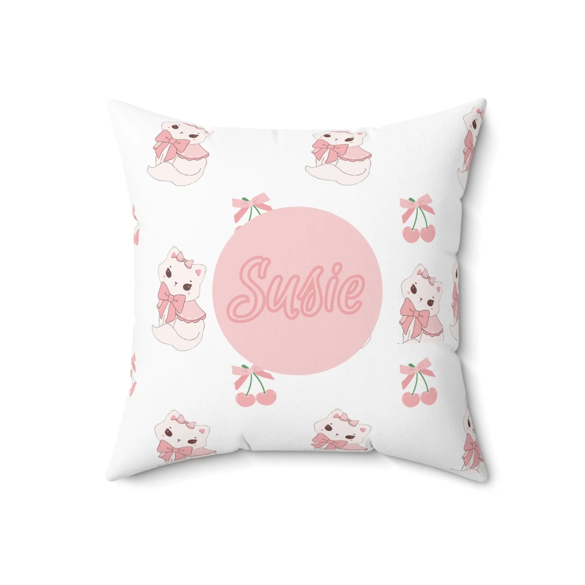 Coquette Kittens & Cherries Custom Name Spun Polyester Square Pillow - Pink Coquette Home Decor - Coquette Aesthetic Throw Pillow