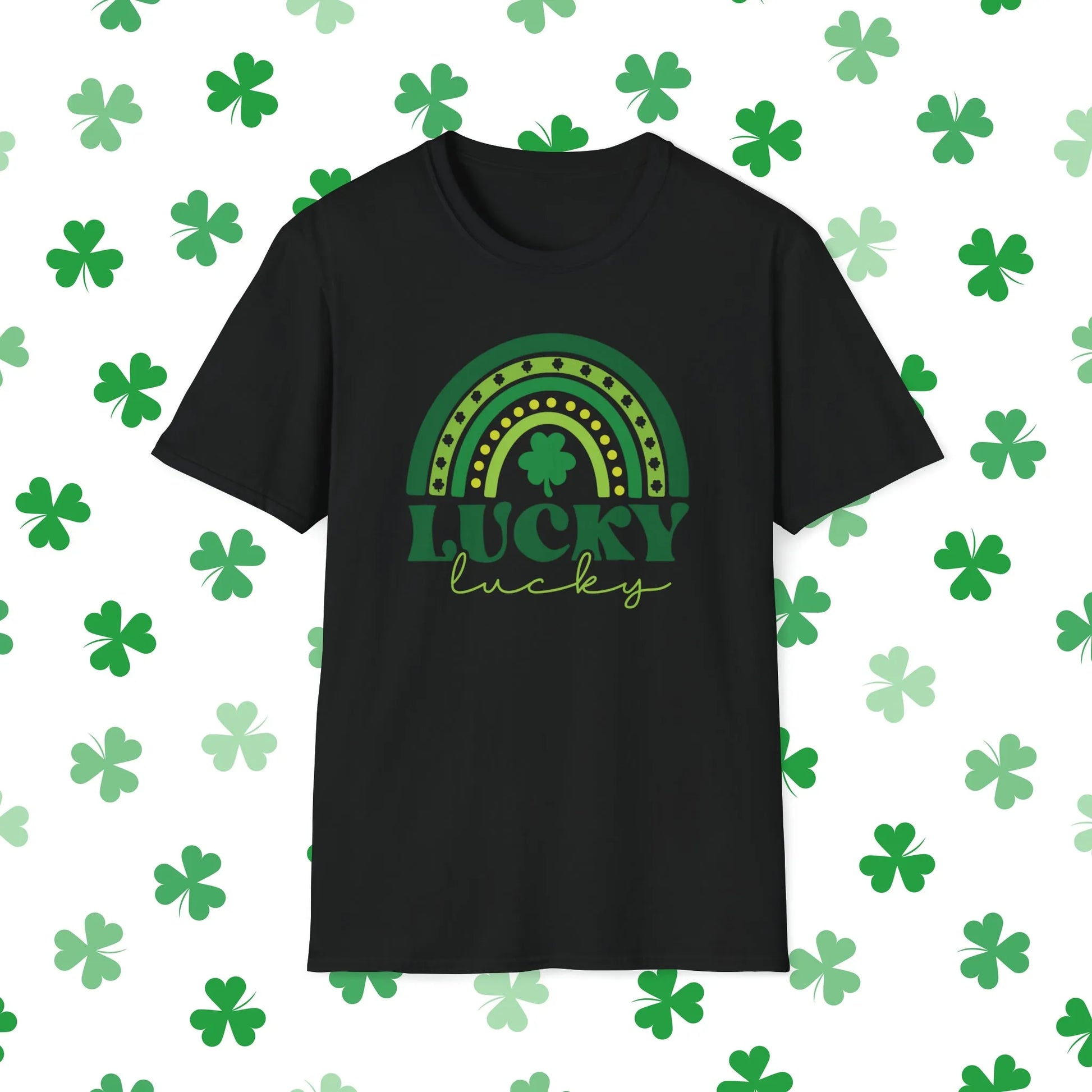 Lucky Rainbow Retro-Style St. Patrick's Day T-Shirt - Comfort & Charm - Lucky Rainbow St. Patrick's Day Shirt Black Front