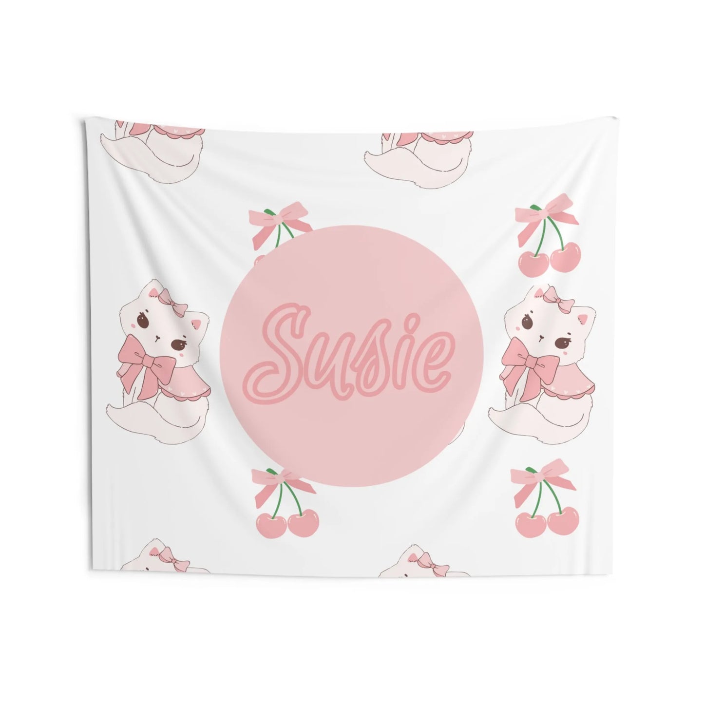 Coquette Kittens & Cherries Custom Name Wall Tapestry - Coquette Aesthetic Wall Banner - Custom Coquette Tapestry - Pink Coquette Home Decor