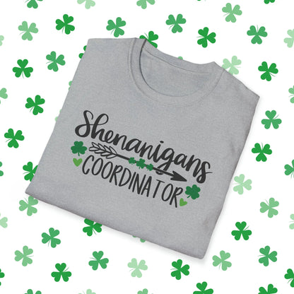 Shenanigans Coordinator St. Patrick's Day T-Shirt - Comfort & Charm - Shenanigans Coordinator Shirt Grey Folded