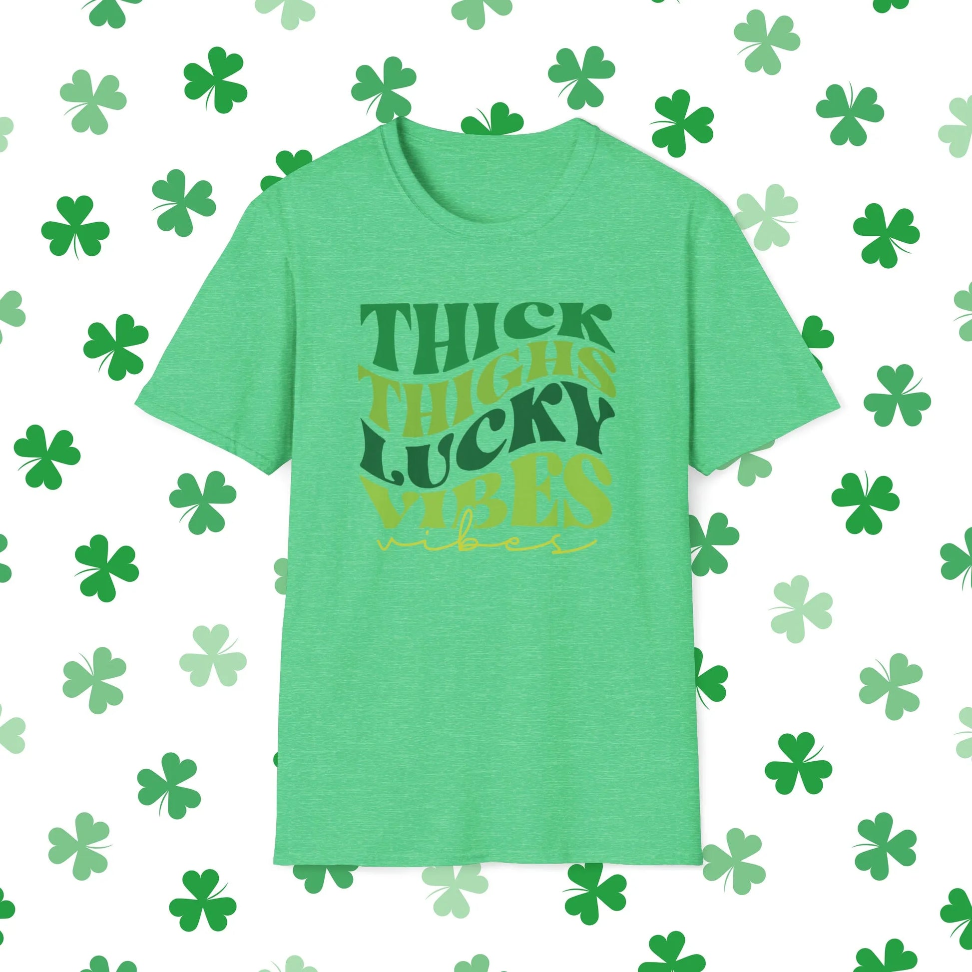 Thick Thighs Lucky Vibes Retro-Style St. Patrick's Day T-Shirt - Comfort & Charm - Thick Thighs Lucky Vibes St. Patrick's Day Shirt Green