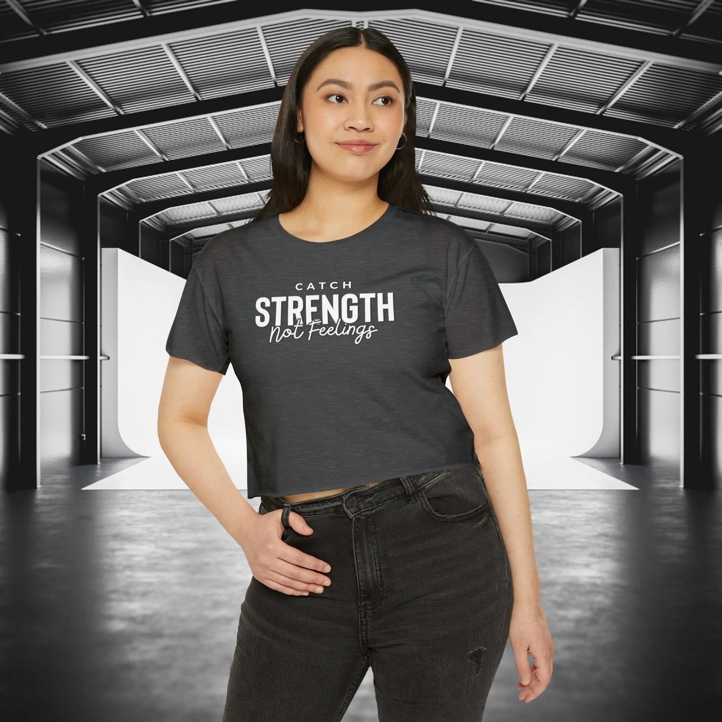 Catch Strength Not Feelings Crop Top Charcoal